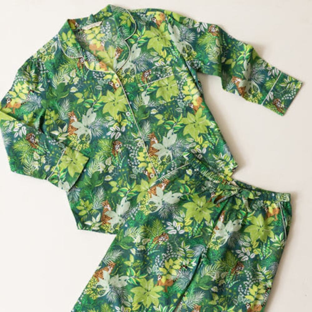 Printfresh Sage Green Tropical Oasis Lemur Long Sleeved Cotton Pajama Set S